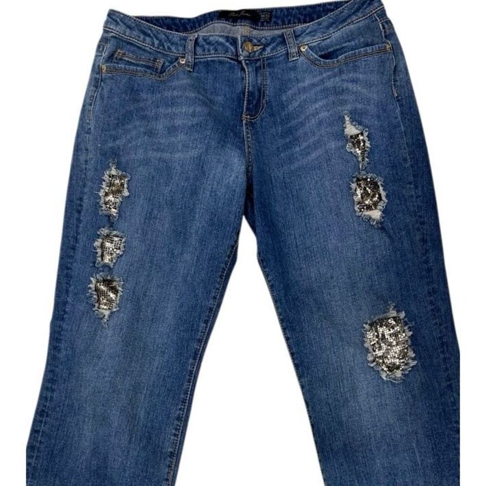 Poetic Justice Shaw Boyfriend Jeans Women's Sz 30/32 Blue Distressed Mesh Bling
